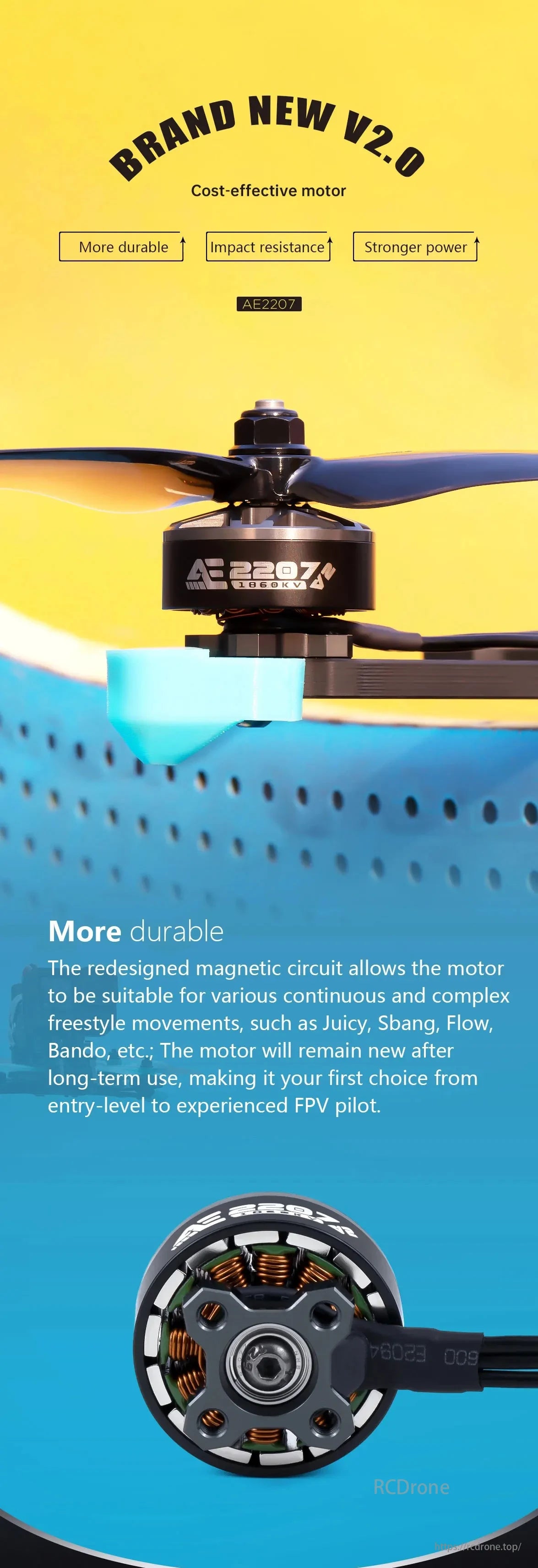 AE2207 V2 Motor, V2.0 motor: cost-effective, durable, powerful, redesigned for complex freestyle movements, reliable for all FPV pilots, ensuring quality and efficiency.