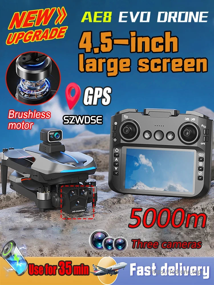 AE8 Drone, AE8 EVO Drone features 4.5-inch screen, GPS, brushless motor, 5km range, three cameras, 35-minute flight time, and fast delivery.