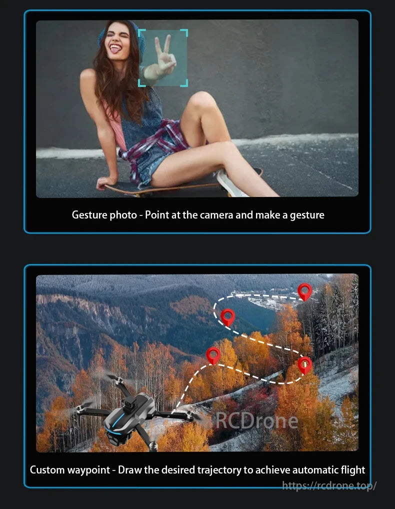 AE8 Drone, Gesture photo: Point and gesture at the camera. Custom waypoint: Draw trajectories for automatic flight.