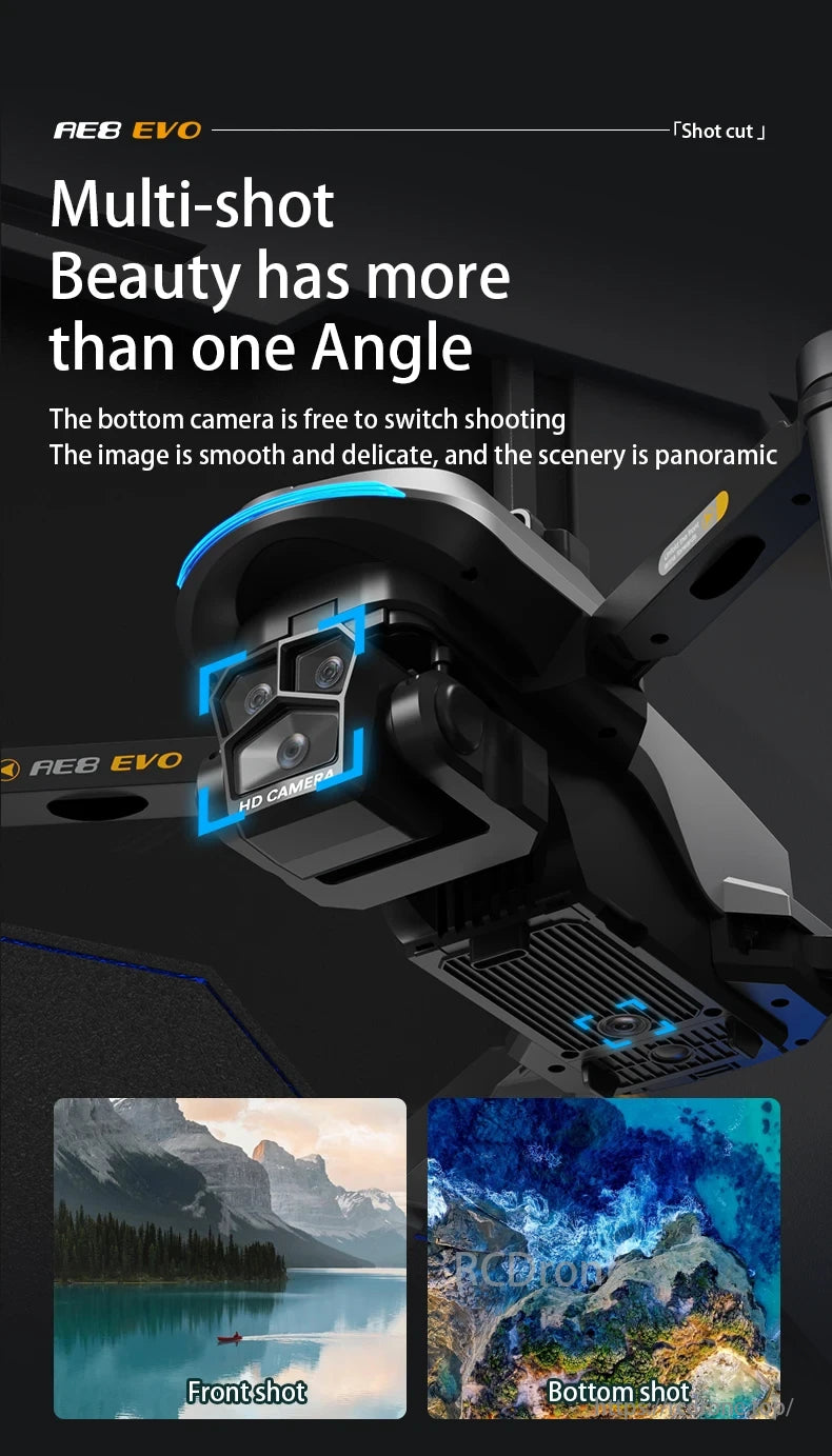AE8 Drone, AE8 EVO provides multi-shot, smooth panoramic views with bottom and front cameras for versatile angles.
