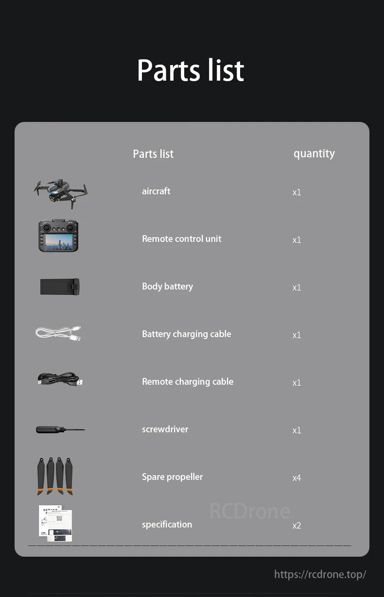 AE8 Drone, The parts list includes aircraft, remote, battery, cables, screwdriver, propellers, and specs.
