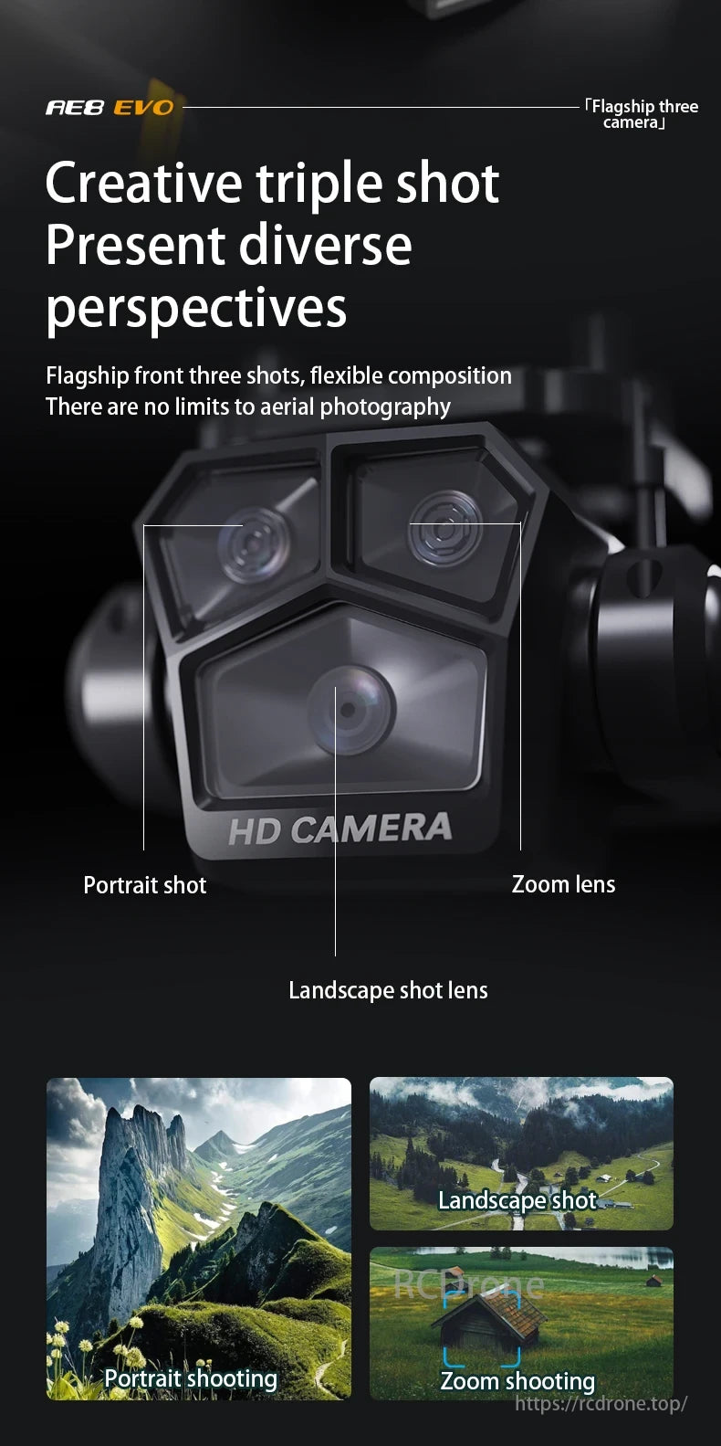 AE8 Drone, AEB EVO provides creative triple shots with diverse perspectives for flexible aerial photography.
