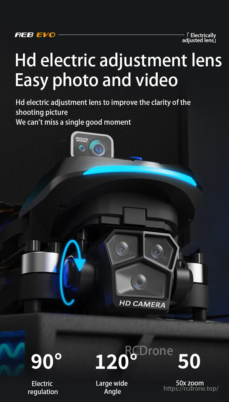 AE8 Drone, AE8 EVO offers an HD adjustable lens with 90° electric regulation, 120° wide angle, and 50x zoom for clear photos and videos.