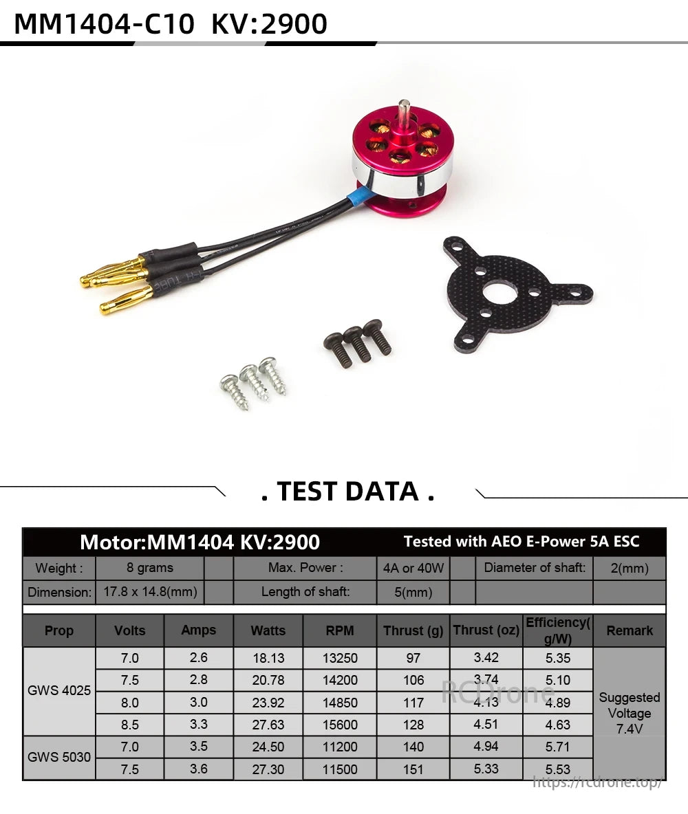 AEORC C10 motor data with GWS props: volts, amps, watts, RPM, thrust, efficiency. Suggested voltage: 7.4V. Tested with AEO E-Power 5A ESC.