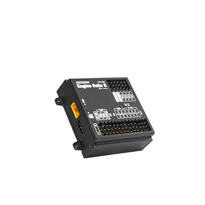 FrSky AES II engine management box angled view showing XT30 VBAT power port and side connectors