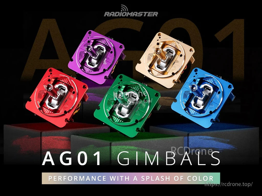 RadioMaster AG01 CNC Hall Gimbal set in five anodized colors: purple, gold, blue, red, and green