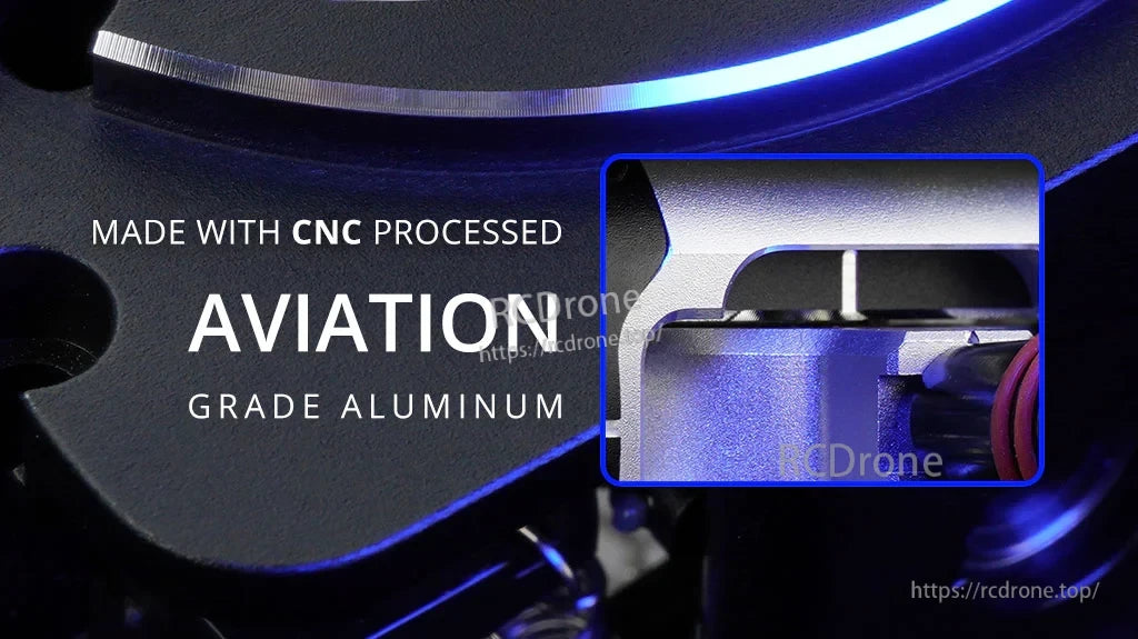 Close-up of CNC processed aviation-grade aluminum on the AG01 gimbal frame with machined edge detail