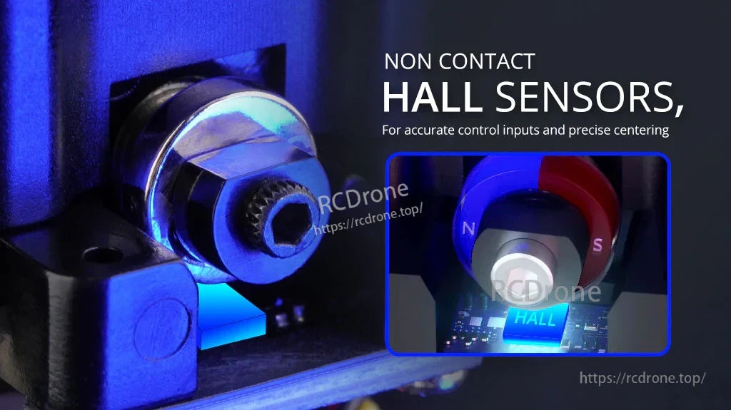 AG01 gimbal internal close-up highlighting non-contact Hall sensor hardware for accurate control inputs