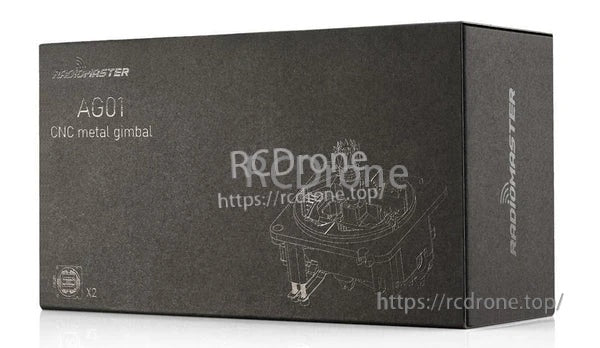 RadioMaster AG01 CNC metal gimbal retail box with product name and line-art gimbal graphic