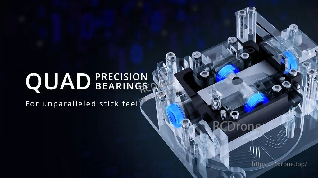 Quad precision bearing layout inside the AG01 gimbal for smooth stick movement and consistent feel