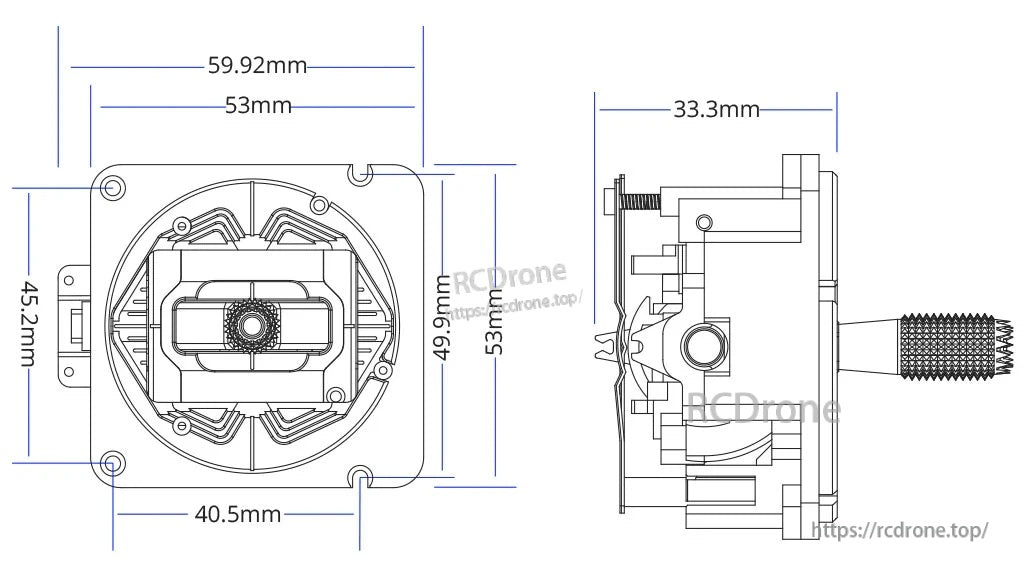 RadioMaster AG01 CNC Hall Gimbal dimension drawing with measurements including 59.92 mm and 53 mm