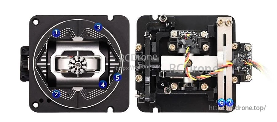 Front and rear views of the AG01 gimbal assembly with adjustment points and wiring for radio installation