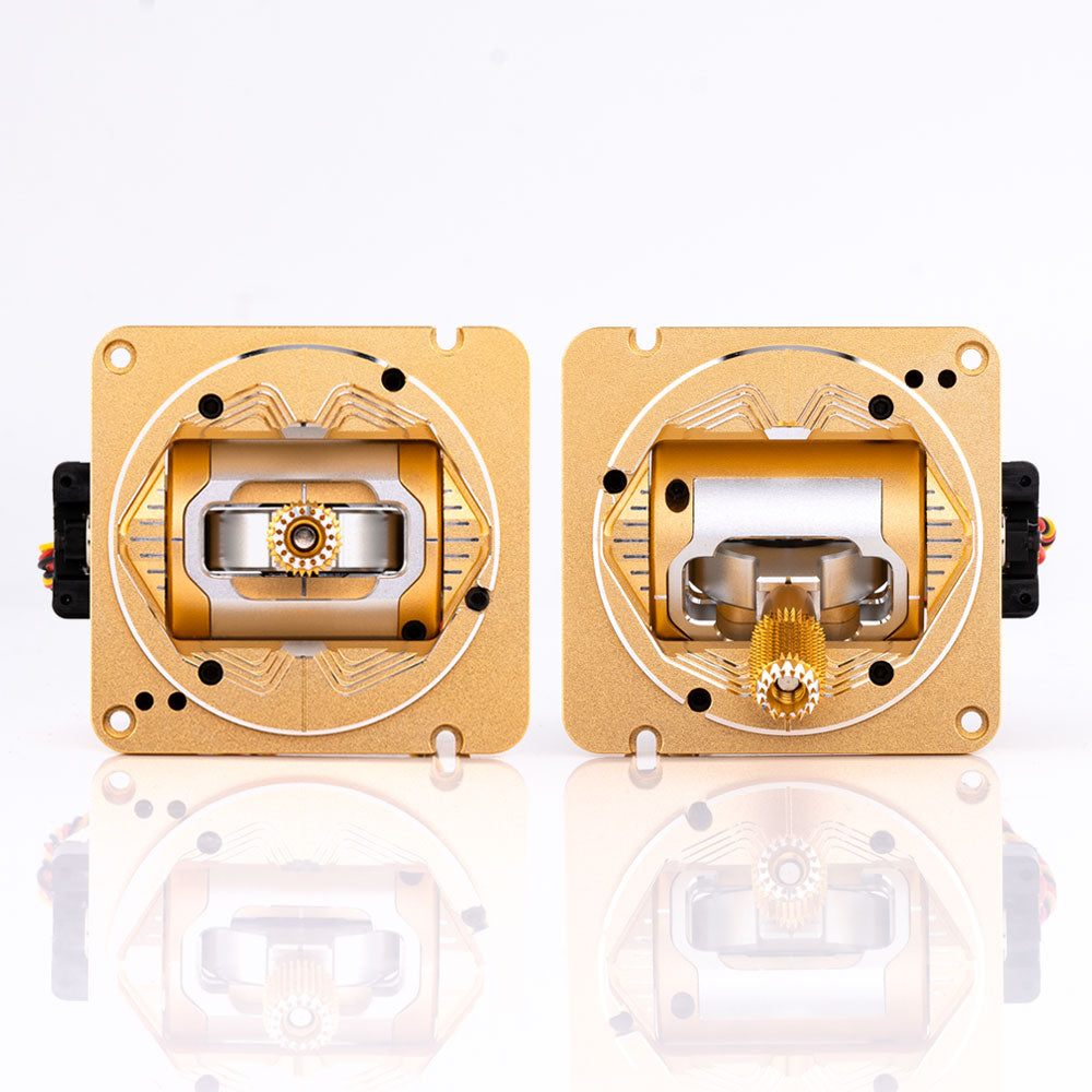 RadioMaster AG01 CNC Hall Gimbal set in gold anodized finish, pair shown with stick ends and mounting plate