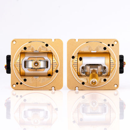 RadioMaster AG01 CNC Hall Gimbal set in gold anodized finish, pair shown with stick ends and mounting plate