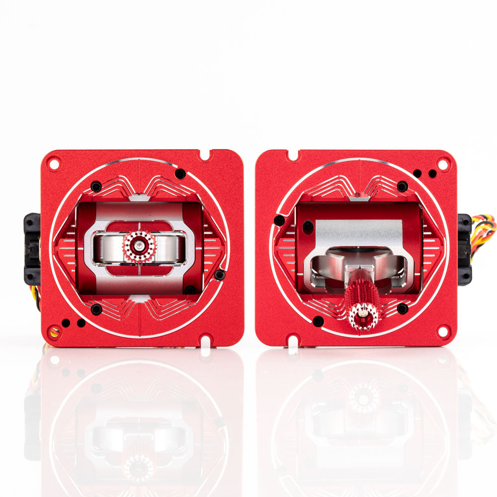 Red anodized CNC gimbal set, two gimbals shown side by side with silver yokes and stick tips