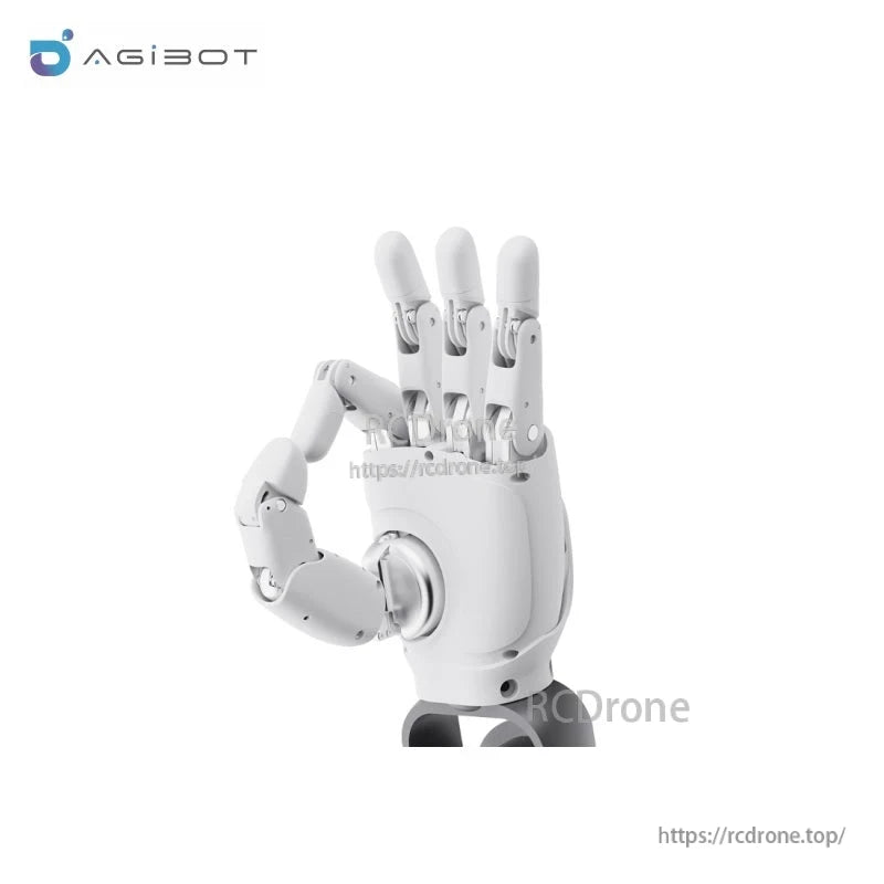 AGIBOT OmniHand 2025 Robot Hand, AGIBOT OmniHand 2025 robotic hand with articulated white fingers and palm assembly in a precision grip pose