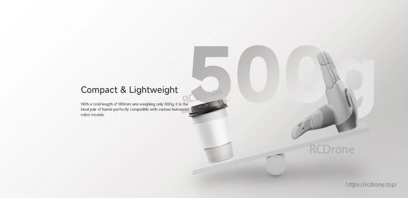 AGIBOT OmniHand 2025 Robot Hand, AGIBOT OmniHand robot hand with compact lightweight design, 180mm length and 500g weight noted on graphic