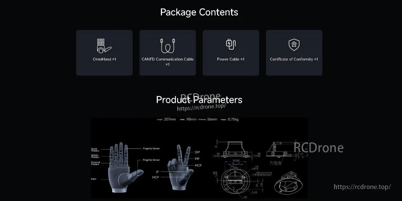 AGIBOT OmniHand Pro package contents and product parameters, including CANFD cable, power cable, and dimensions