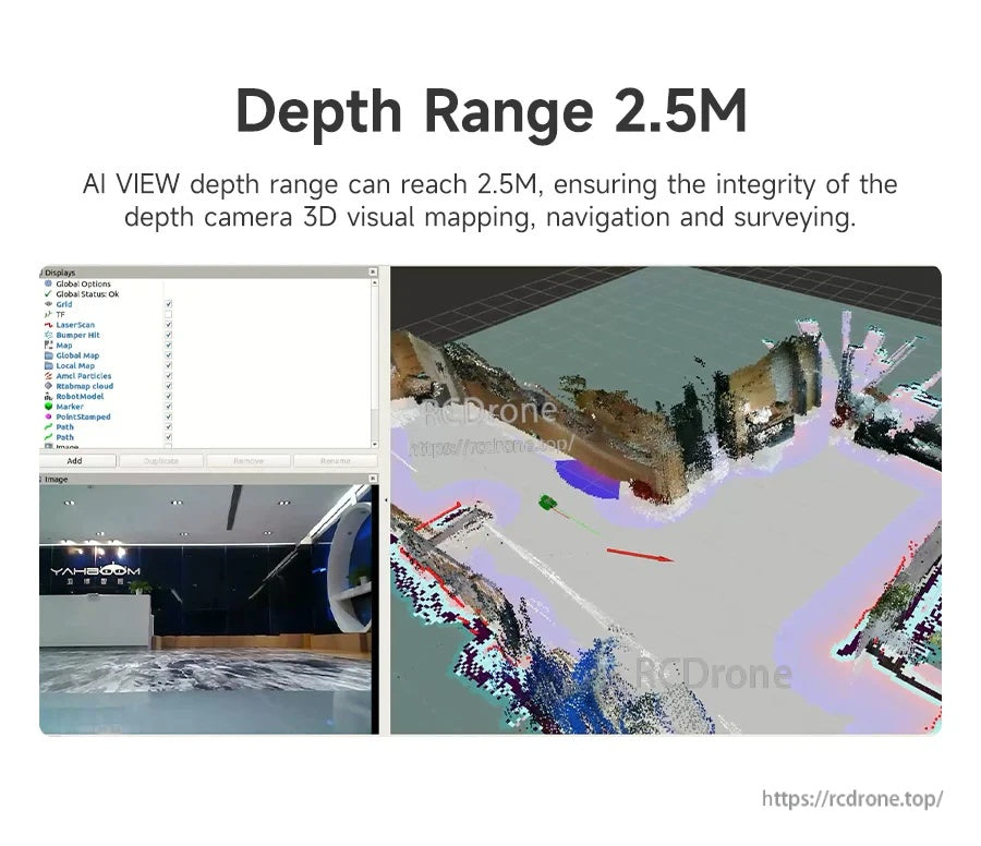 Depth range 2.5 m example with point cloud / mapping visualization on a desktop interface