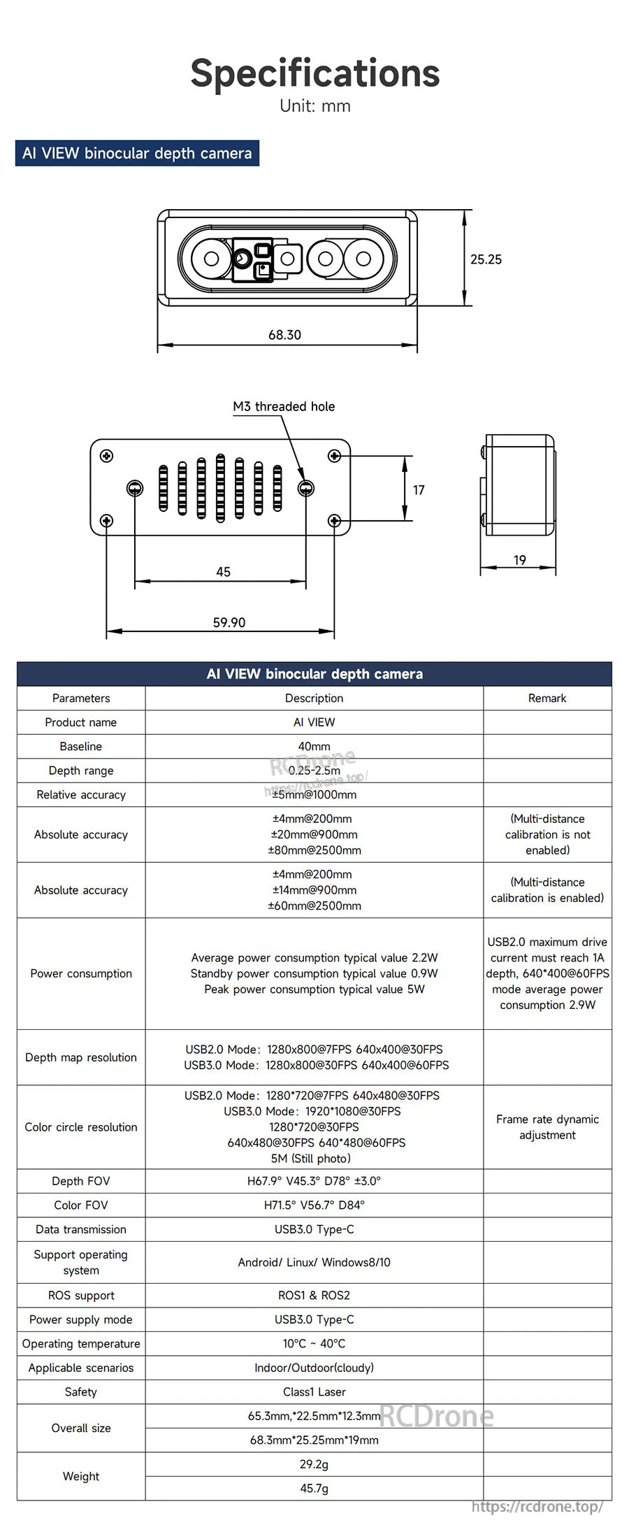 Second specifications sheet for AI VIEW binocular depth camera with dimension drawings and table