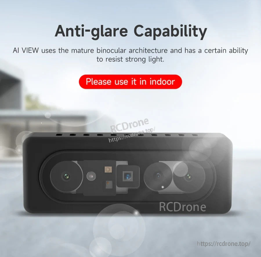 Anti-glare capability graphic for AI VIEW depth camera with indoor use note