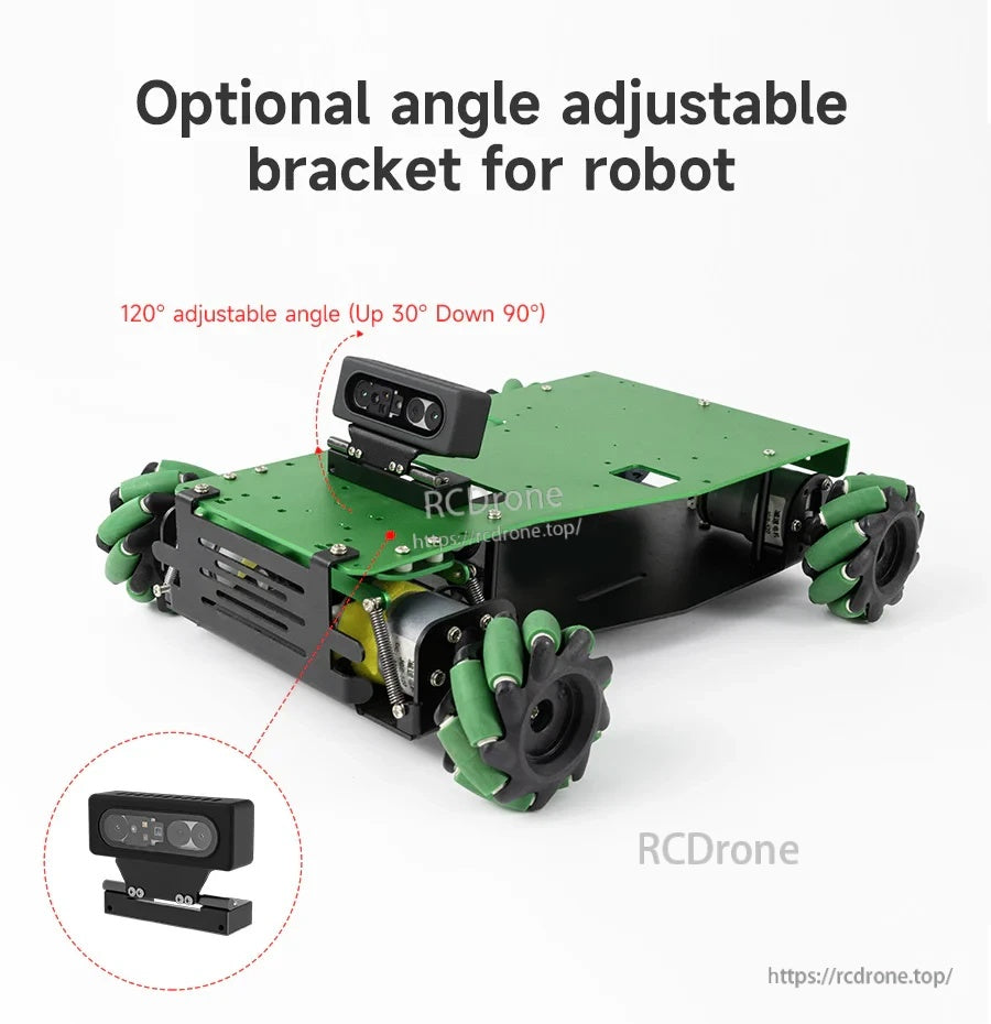 Angle-adjustable bracket accessory mounting the AI VIEW depth camera on a wheeled robot chassis