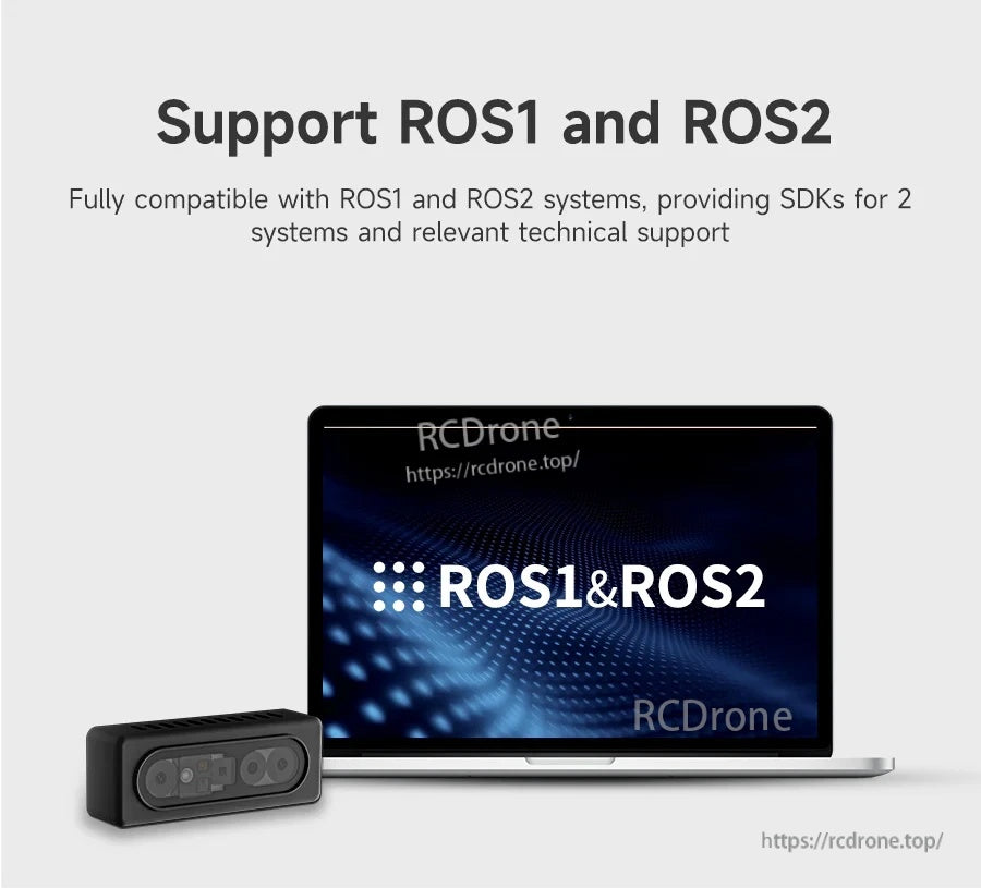 ROS1 and ROS2 support graphic with AI VIEW depth camera next to a laptop display