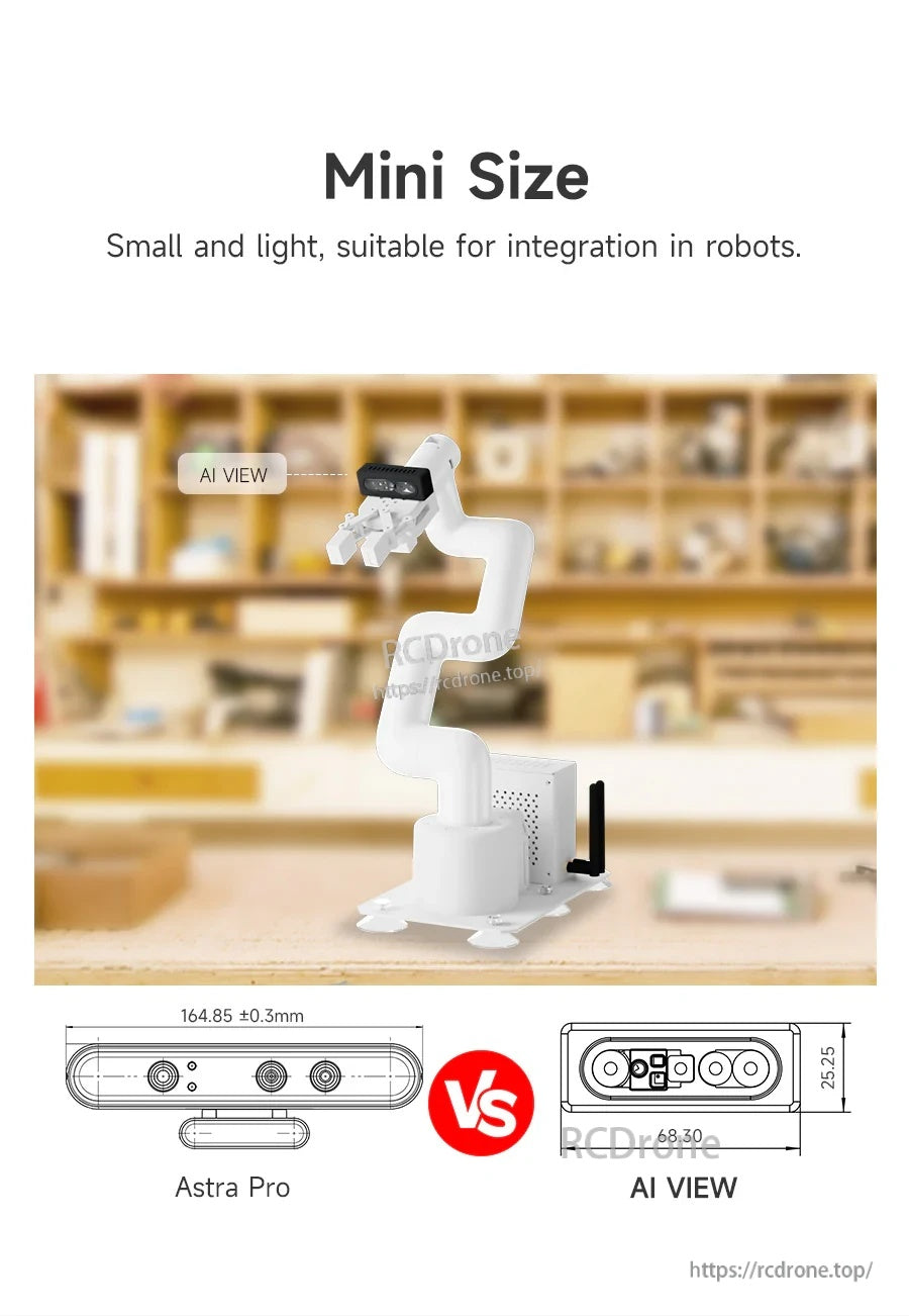 Mini size comparison graphic for AI VIEW depth camera mounted on a small robot arm