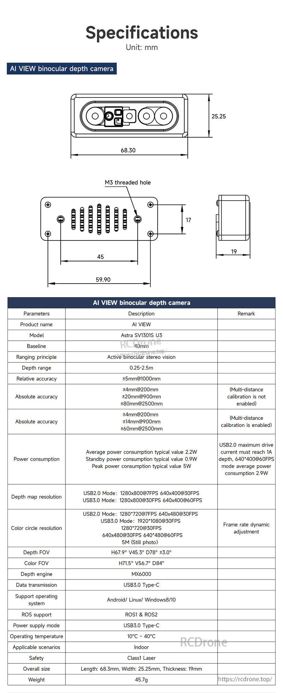 AI VIEW depth camera specification sheet with dimensions, ports, and performance table