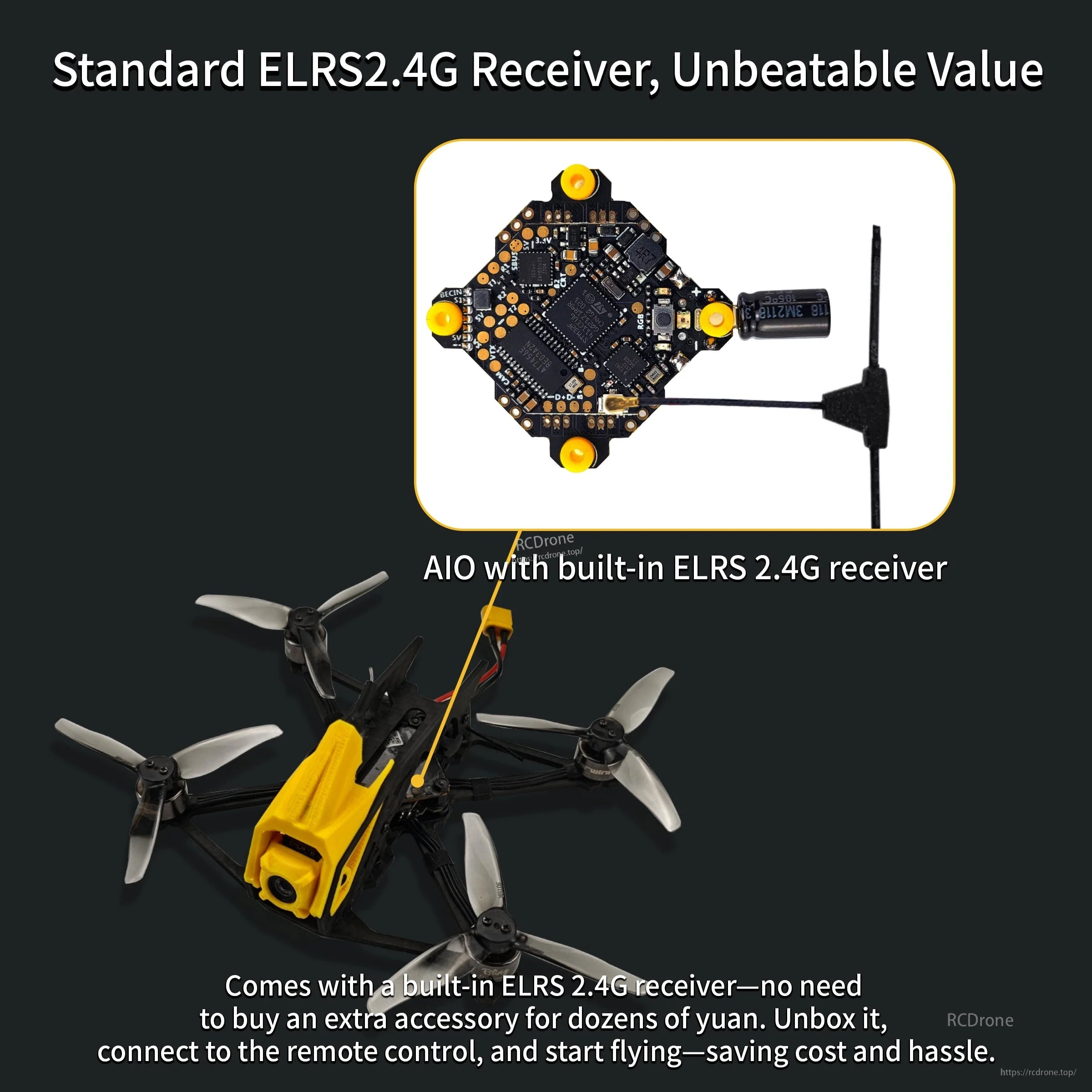 AIO flight controller with built-in ELRS 2.4G receiver and antenna for simplified RTF setup