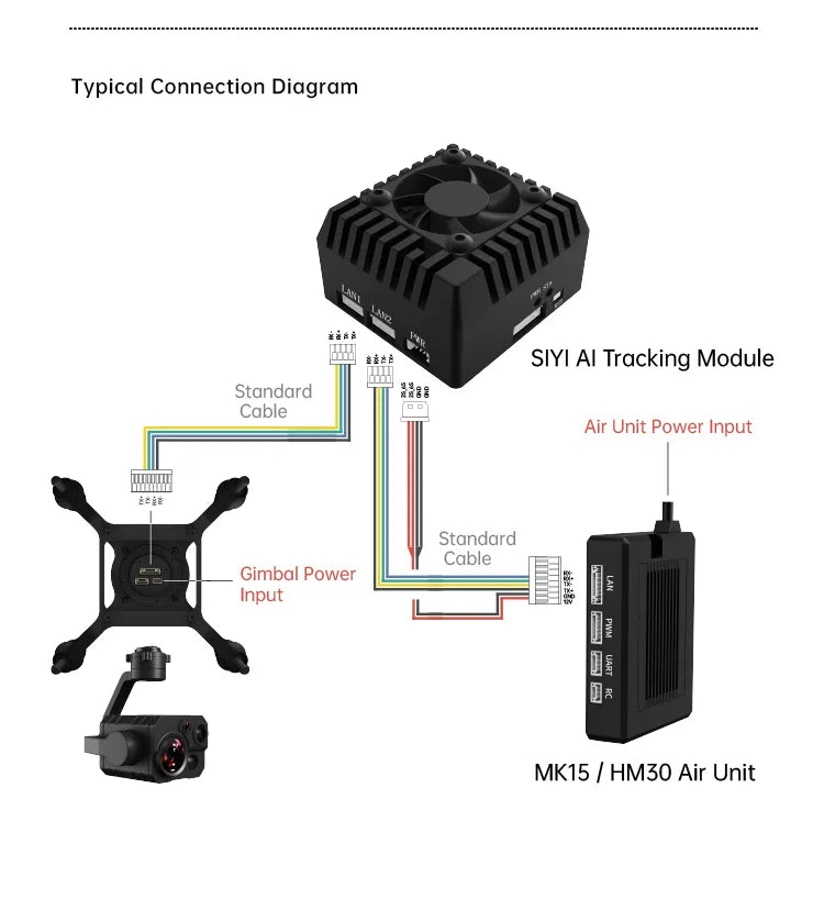 Power supply: Connect standard cable to air unit and gimbal to MKIS HM30 air unit.