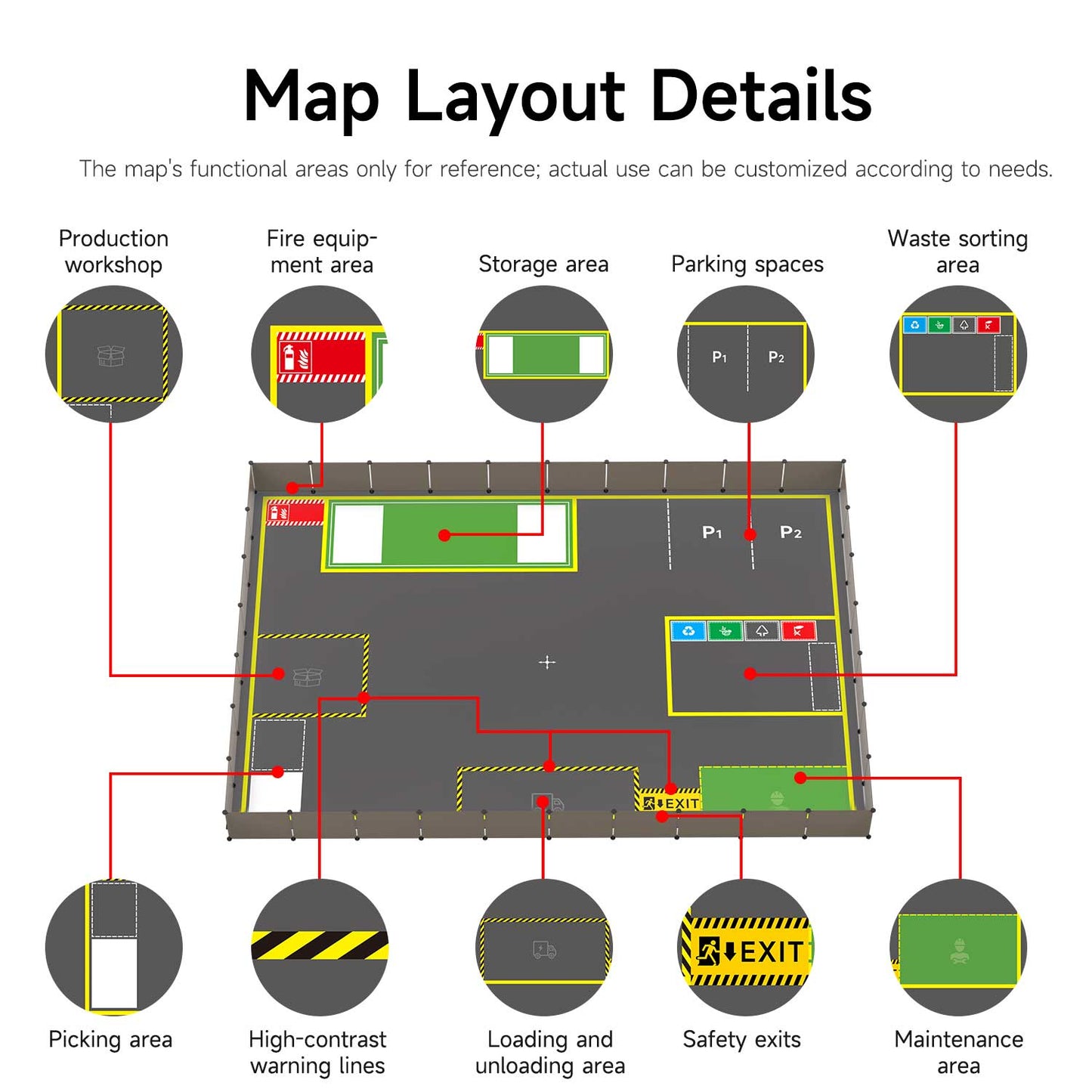 Map layout details graphic labeling workshop, storage, parking, waste sorting, loading area and safety exits