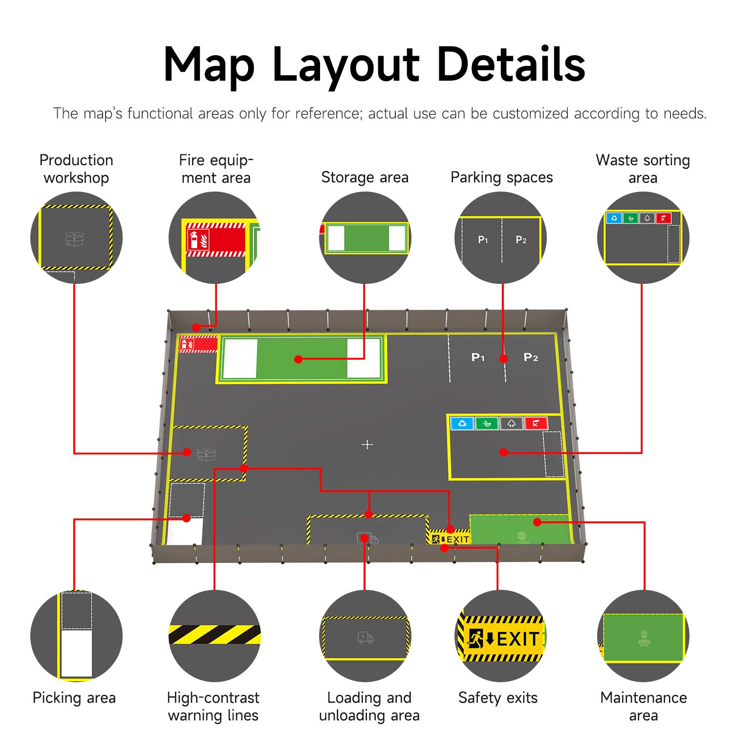 Map layout details graphic labeling workshop, storage, parking, waste sorting, loading area and safety exits