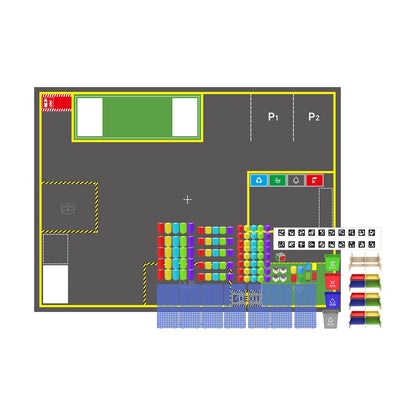 Top-down layout of Yahboom AI large model scene sandbox map kit with zones, pallets and sorting icons