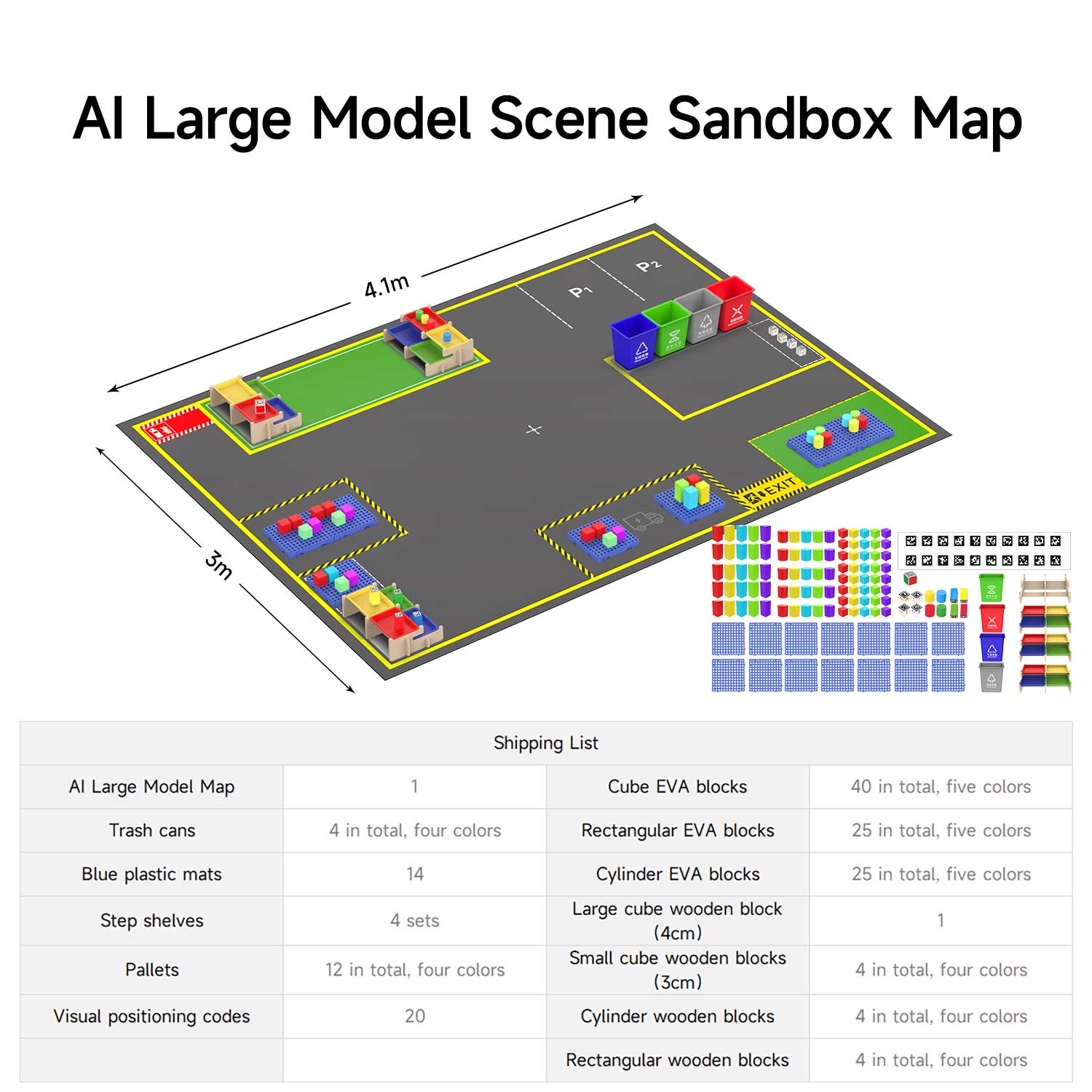 Isometric view of 4.1m x 3m AI large model scene sandbox map with shipping list and included props grid