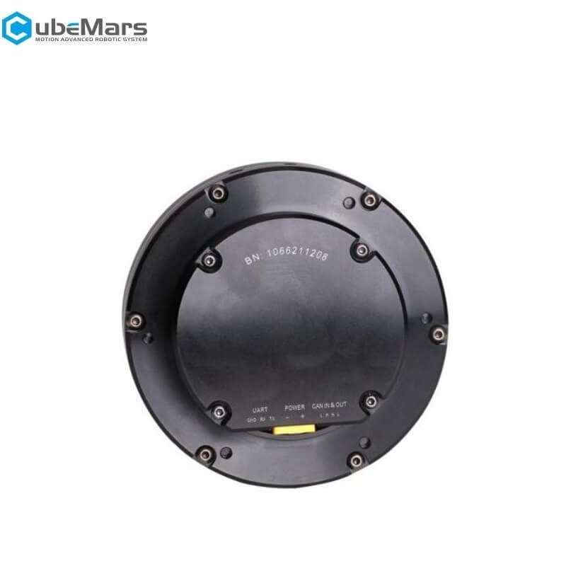 Rear view of CubeMars AK60-6 motor module end cap with connector bay labeled UART, POWER, CAN IN/OUT