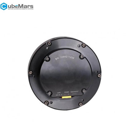 Rear view of CubeMars AK60-6 motor module end cap with connector bay labeled UART, POWER, CAN IN/OUT