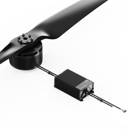 Heavy-lift drone motor with large propeller connected to a finned ESC module and wiring harness