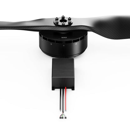 MAD AM40 brushless motor with carbon fiber propeller and connected ESC module with wiring harness