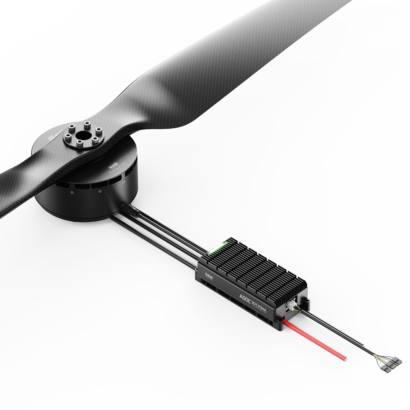 MAD AM50 motor with carbon fiber propeller and AMPX-300A ESC connected by three motor phase wires