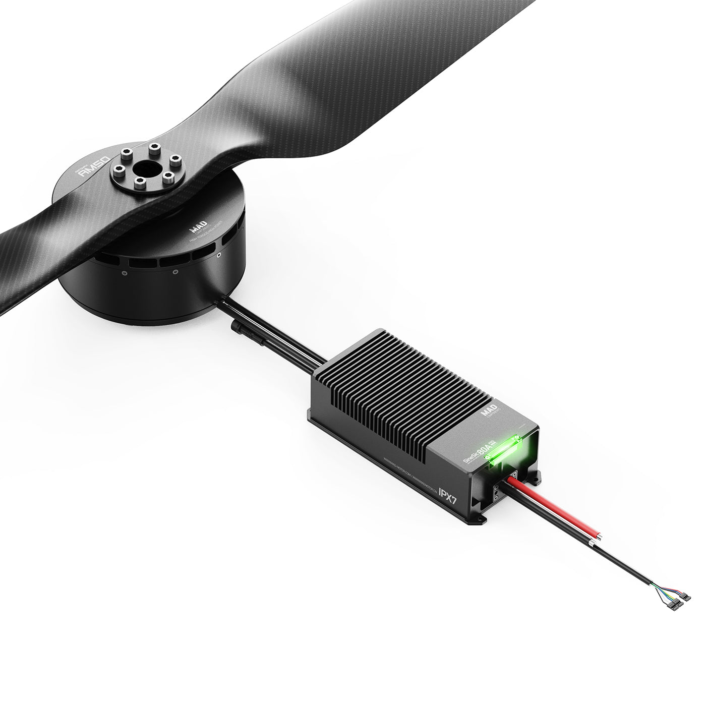 MAD AM50 9.5KV Power System Kit (Motor, MAD AM50 brushless motor with propeller connected to finned ESC, showing power leads and signal connector