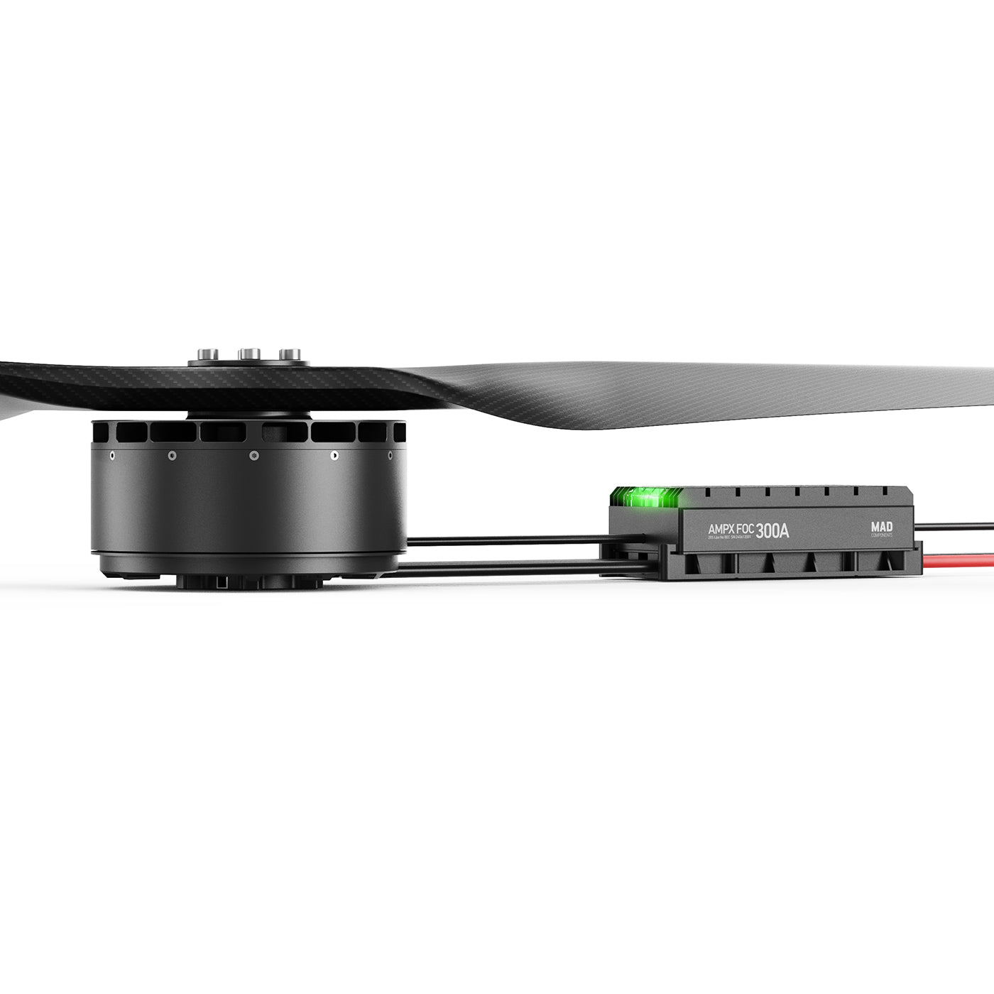 MAD AM50 motor with propeller paired with AMPX FOC 300A ESC, side view of power system layout