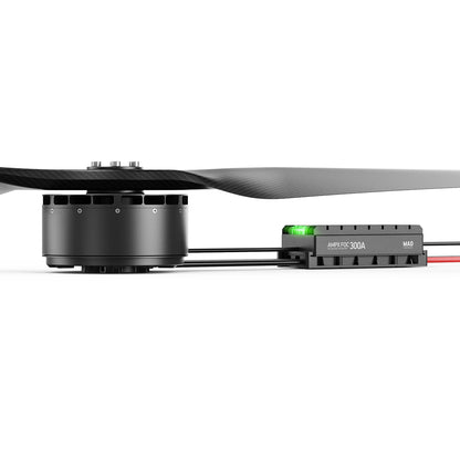 MAD AM50 motor with propeller paired with AMPX FOC 300A ESC, side view of power system layout