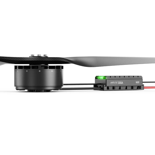 MAD AM50 motor with propeller paired with AMPX FOC 300A ESC, side view of power system layout