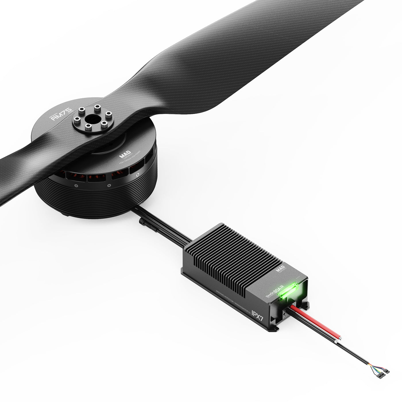 MAD AM75 motor with propeller connected to SineSic ESC featuring finned heatsink, wiring leads, and status LED