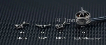 AMAX 1106 Competition Brushless Motor, AMAX 1106 motor includes M2x5, M2x7, M2x4 screws and a single shaft for secure assembly and optimal performance.