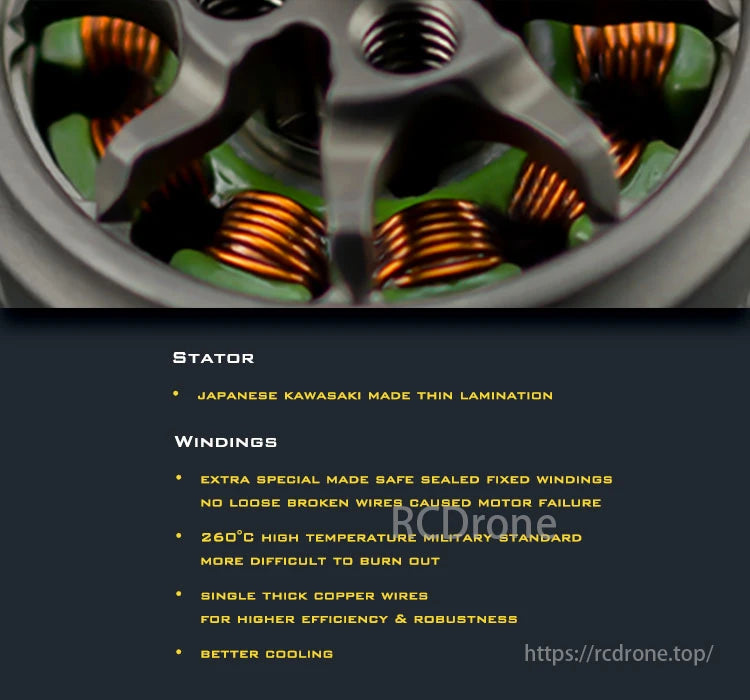 AMAX 1106 Competition Brushless Motor, AMAX 1106 motor features Kawasaki stator, sealed windings, 260°C heat resistance, thick copper wires, and enhanced cooling for efficiency.