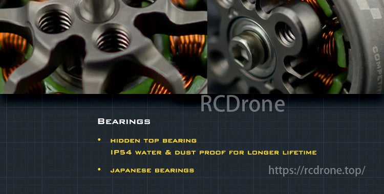 AMAX 1106 Competition Brushless Motor, AMAX 1106 motor with hidden bearing, IP54 protection, and Japanese bearings.