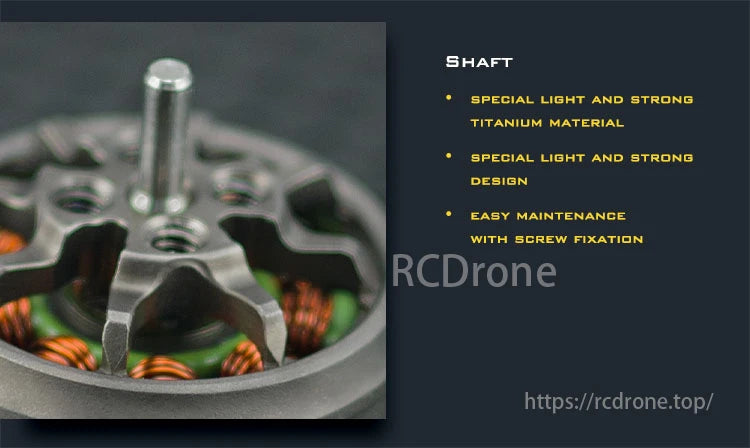 AMAX 1106 Competition Brushless Motor, AMAX 1106 motor shaft is made of titanium, lightweight yet strong, with screw fixation for easy maintenance.