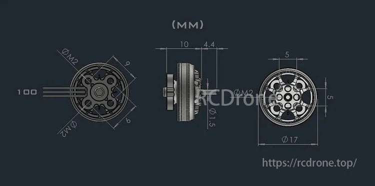 AMAX 1303 motor, 100mm long, 17mm diameter, and 1.5mm shaft, is ideal for 2-inch FPV drones.